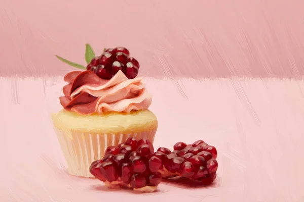 Cupcake Doce Saboroso Pintado Com Sementes Romã Rosa — Fotografia de Stock