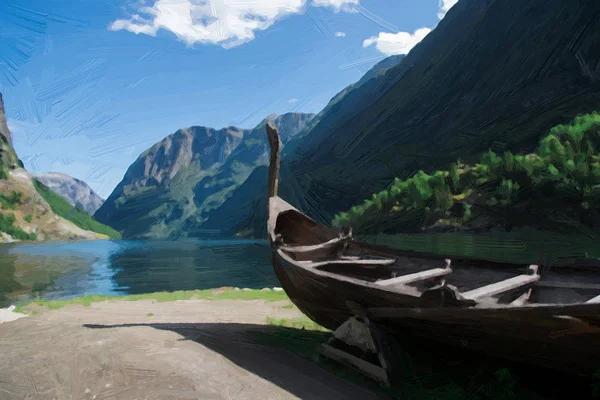Festett Fából Készült Csónak Tenger Közelében Zöld Fák Hegyek Stock Fotó