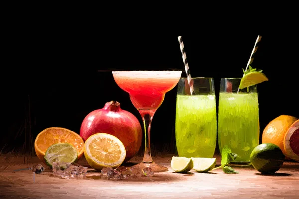 Painted red and green alcohol drinks in cocktail glasses near fruits on black — Stock Photo