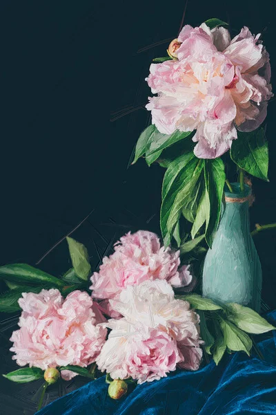 Pivoines roses pâles peintes près du vase sur noir — Photo de stock