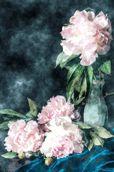 Painted light pink blooming flowers near vase on black — Stock Photo