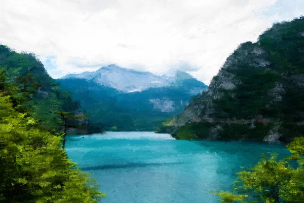 Dipinto lago blu vicino a alberi verdi e montagne — Foto stock