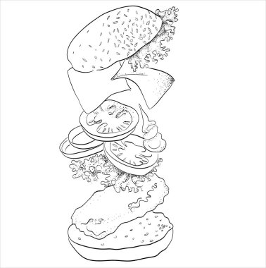 Hamburger, siyah çizgi grafik, vektör illüstrasyon, menü tasarımı.