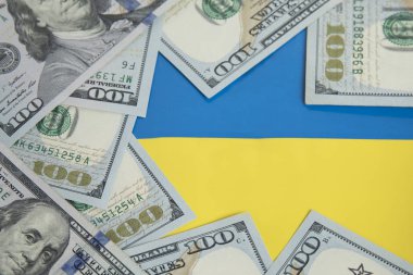 Etrafta Ukrayna bayrağı ve 100 dolar var. Para konsepti ABD doları konumunu büyütüyor.