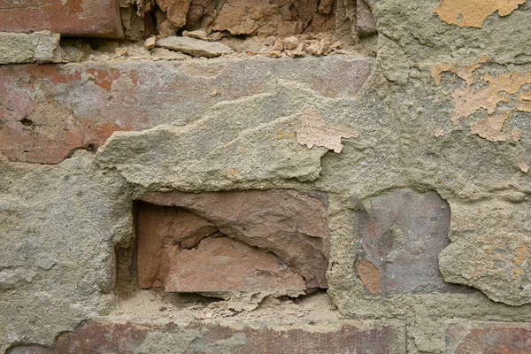 Gros Plan Mur Endommagé Avec Vieilles Briques Plâtre Gris — Photo