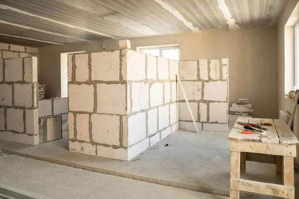 Interior Unfinished Gas Blocks Apartment Concrete Floor Construction Walls Planning — Foto Stock