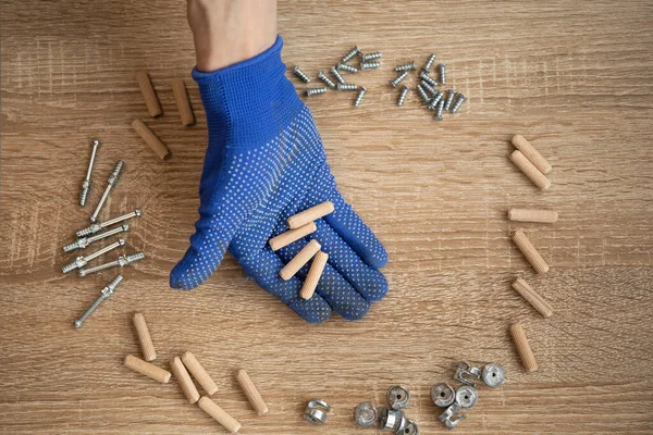 Close Furniture Fittings Worker Hand Blue Gloves — Stock Photo, Image