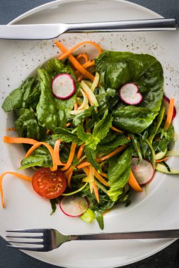 Nane li yaz salatası susam sosu, turp, çeri domates, havuç, marul yaprakları. Gri arka plan, kaşık ve çatal