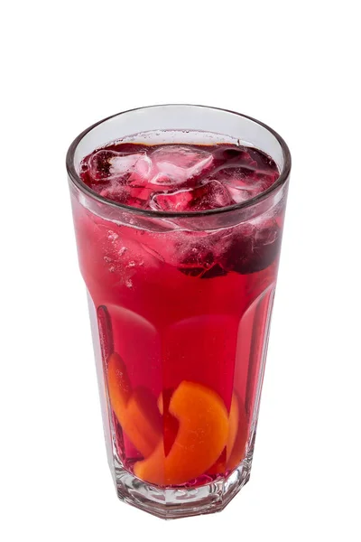 Vaso Transparente Bebida Roja Refrescante Verano Con Rodajas Limón Melocotón —  Fotos de Stock