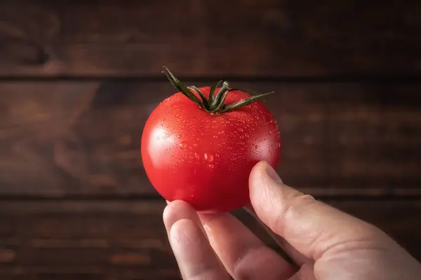 Mão Agricultor Segurando Tomate Vermelho Fresco Vegetal Molhado Cru Com — Fotografia de Stock