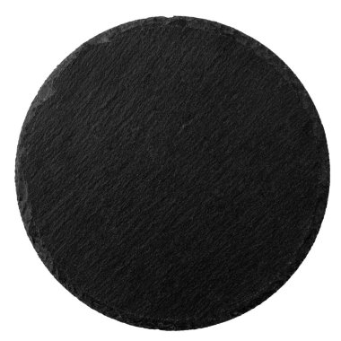 Beyaz arka planda izole edilmiş yuvarlak siyah taş plaka. granit çatalının dokulu yüzeyi, üst görünüm