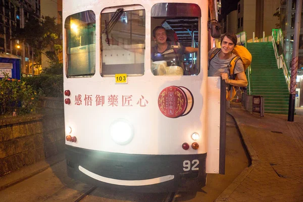 Hong Kong Kina November 2017 Lokal Dubbeldäckare Spårvagn Och Folk — Stockfoto