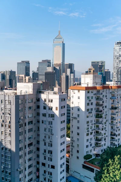 The amazing view of Hong-Kong cityscape full of skyscrapers from the rooftop.