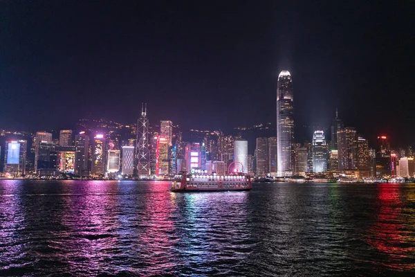 Increíble Vista Nocturna Del Paisaje Urbano Luces Agua Puerto Victoria — Foto de Stock