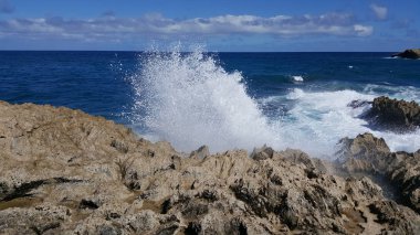Oahu's North Shore kayalık bir plaja karşı çökmesini dalga.