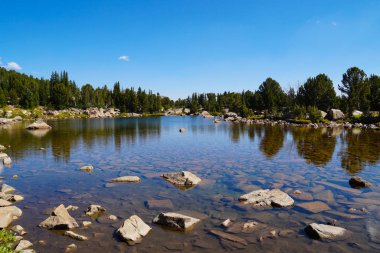 Yüksek bir dağ gölünün kristal berraklığında su.