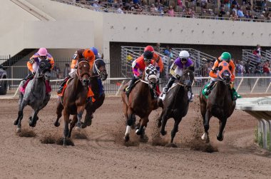 Atların ve jokeylerin yakın çekim prescott Valley Arizona Downs de yarış pistinde ilk viraj yuvarlak, Arizona Eylül'de 1, 2019.