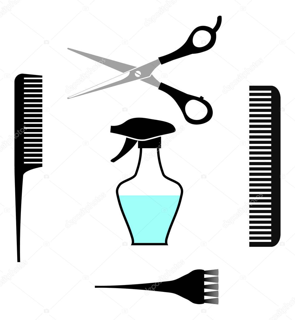 Hair salon barber items - scissors, comb, water spray bottle, brush - vector Illustration