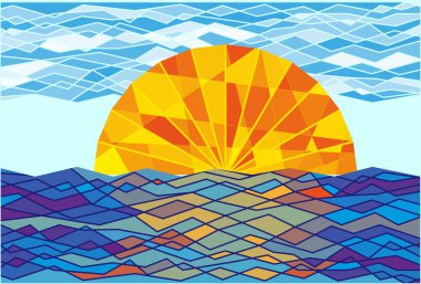 Kristal denizin, bulutların ve güneşin tasviri