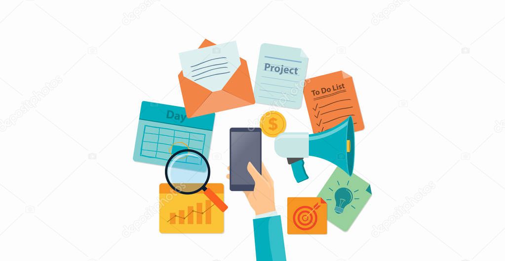 flat vector for use mobile online multi task daily working connection concept