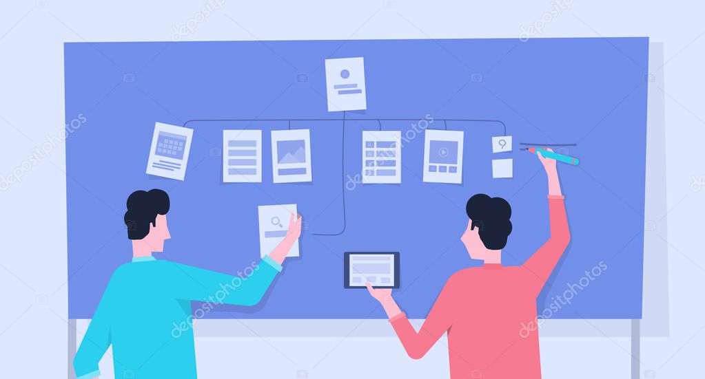 Vector of mobile application and web developer team brainstorming plan development and design process concept Mobile application and web developer team brainstorming plan development and design process concept stock vector