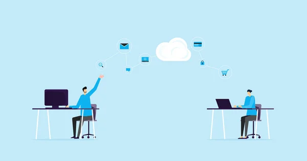 Flache Illustration Bannerdesign Konzept Und Business Team Arbeitet Mit Cloud — Stockvektor