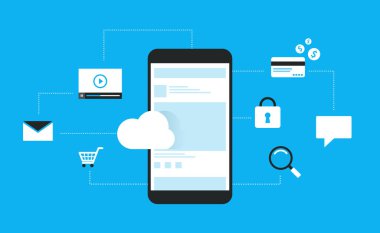 Mobil uygulama için düz tasarım bağlanmak bulut ve kullanma iş kavramı için online sosyal ağ üzerinde mobil