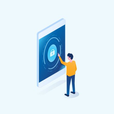 Mobil online kavramı için izometrik iş internet siber güvenlik