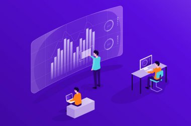 finans yatırım konsepti için monitör raporu panosu ve veri analitiği üzerinde çalışan düz vektör iş adamları