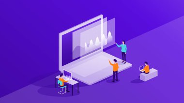 finans yatırım konsepti için monitör raporu panosu ve veri analitiği üzerinde çalışan düz vektör iş adamları