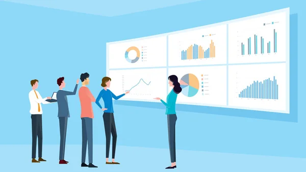 Ilustrações Planas Business Analytic Team Meeting Finance Project Training Concept —  Vetores de Stock
