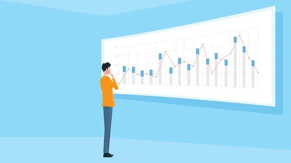 Homem Negócio Que Está Conceito Financeiro Monitor Relatório Gráfico —  Vetores de Stock