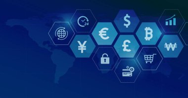 Küresel iş finansal online bağlantı ağı ve küresel para birimi kavramı için Web banner tasarım
