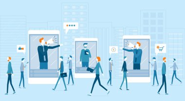 Sabit vektör tasarımı işadamları, çevrimiçi pazarlama ve müşteri hedef kavramı için iş tanıtımı için şehir sokaklarında yürüyen insanlarla birlikte mobil kullanırlar.