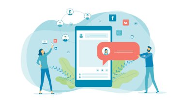 Düz tasarım çevrimiçi sosyal iletişim, dijital pazarlama ve sosyal ticaret kavramı 