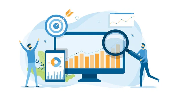 Análisis Gente Negocios Monitoreo Panel Informes Web Monitor Concepto Diseño — Archivo Imágenes Vectoriales