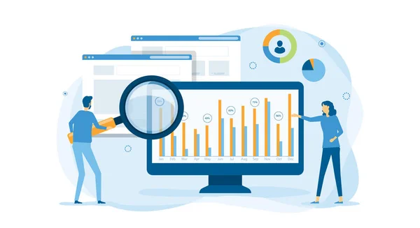 Flache Geschäftsleute Arbeiten Analytik Und Überwachung Der Forschung Auf Web — Stockvektor