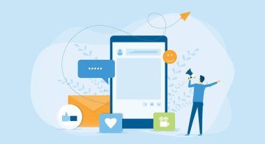 Düz vektör illüstrasyon tasarımı mobil uygulama kavramına sahip sosyal medya çevrimiçi pazarlama