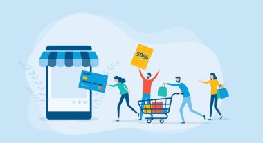 Düz vektör illüstrasyon tasarım grubu insanları online alışveriş kavramı