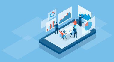 Çevrimiçi konsept ve işletme finans yatırım ekibi analizi grafik konsepti üzerinde çalışan Isometric iş ekibi
