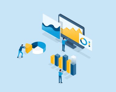 Isometric business finanse yatırım ekibi analiz grafiği gösterge paneli konsepti ve iş ekibi çalışma konsepti üzerine