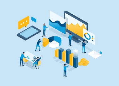 Isometric business finanse yatırım ekibi analiz grafiği gösterge paneli konsepti ve iş ekibi çalışma konsepti üzerine