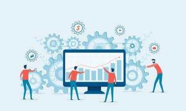 Sabit vektör çizim tasarımı konsepti iş süreci ve iş ekibi birlikte çalışarak yeni bir iş kuruyor. Vites ve performans izleme grafiğiyle.