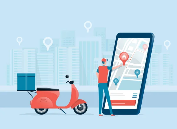 Business Online Levering Concept Met Bezorger Mobiele Online Kaart Navigatie — Stockvector