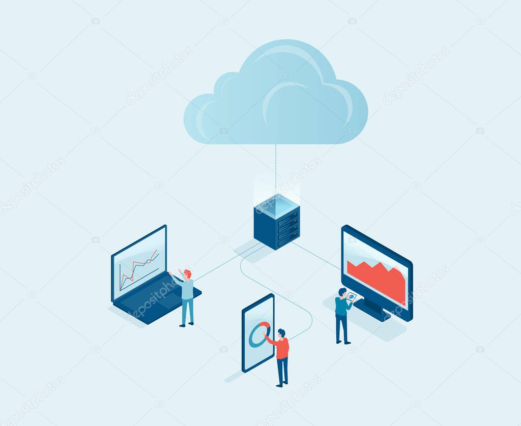 business technology cloud computing server service concept with developer team working concept. isometric design. Big data processing, cloud database and data transferring 