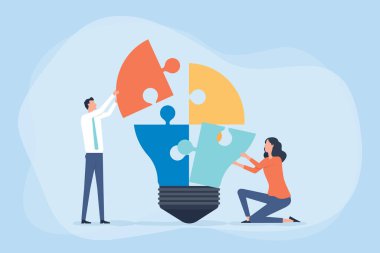 Düz vektör illüstrasyon iş ekibi beyin fırtınası ve iş yaratma süreci ve konsept için toplanıyor