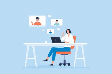 Düz vektör kadın video konferans ekibi ofis masasında uzaktan kumandayla çevrimiçi bağlantı konseptiyle çalışıyor.