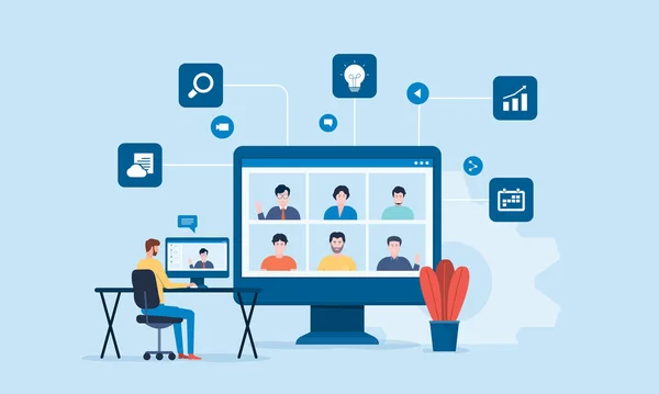 Pessoas Que Conectam Line Com Teleconferência Videoconferência Para Conhecer Trabalho —  Vetores de Stock