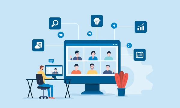 Personnes Connectant Ligne Par Téléconférence Vidéoconférence Pour Rencontrer Apprentissage Travail — Image vectorielle