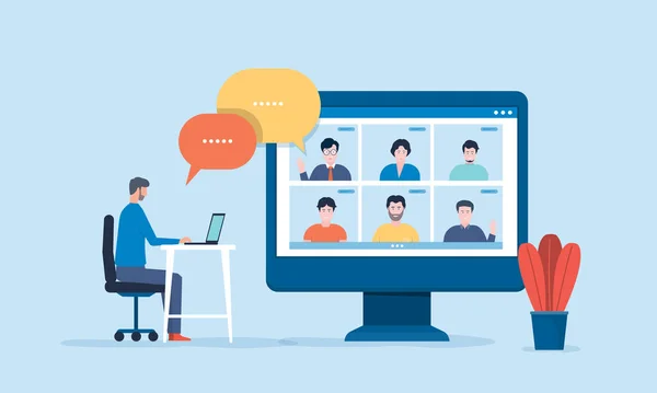 Pessoas Que Conectam Line Com Teleconferência Videoconferência Para Conhecer Trabalho —  Vetores de Stock
